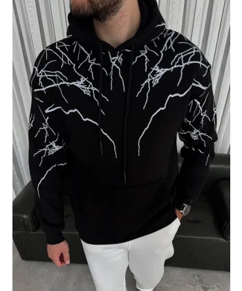 Yıldırım Baskılı Kapşonlu SweatShirt - Siyah