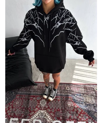 Yıldırım Baskılı Kapşonlu SweatShirt - Siyah