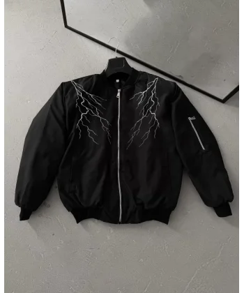 Unisex Siyah Bomber Mont – Beyaz Şimşek Desenli, Fermuarlı Cepli, Kapitone Astarlı Sokak Stili Günlük Ceket - Siyah