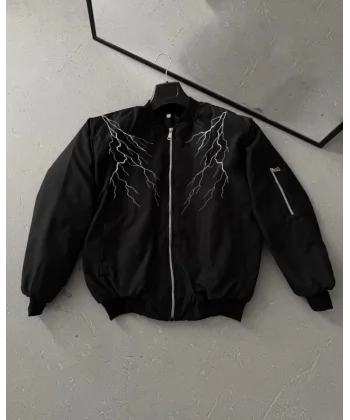 Yıldırım Baskılı Uzun Kol Bomber Ceket - Siyah