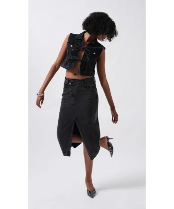 Yırtmaç Detay Denim Midi Etek