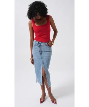 Yırtmaç Detay Denim Midi Etek