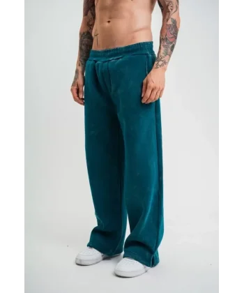 Yırtmaç Detaylı Boru Paça Baggy Eşofman Pantalon - Koyu Deniz Yeşili