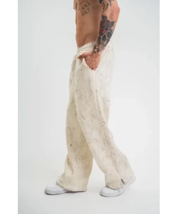Yırtmaç Detaylı Boru Paça Baggy Eşofman Pantalon - Krem