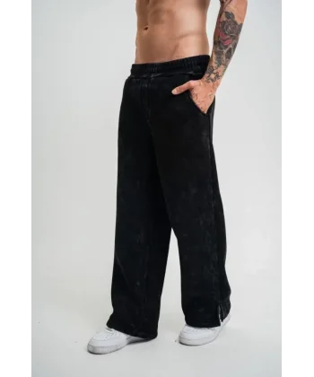 Yırtmaç Detaylı Boru Paça Baggy Eşofman Pantolon - Siyah