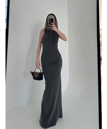 Yırtmaç Detaylı Kolsuz Düğmeli Yıkamalı Uzun  Elbise - Antrasit