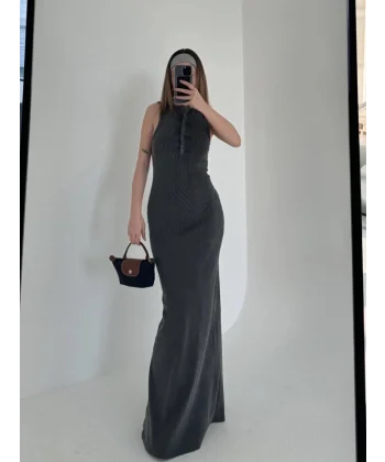 Yırtmaç Detaylı Kolsuz Düğmeli Yıkamalı Uzun  Elbise  Antrasit