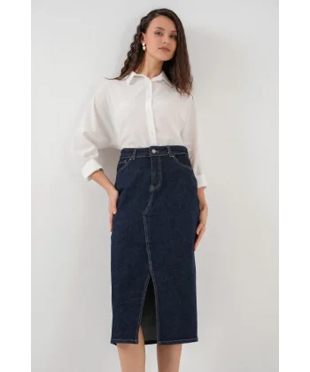 Yırtmaçlı Midi Kot Etek 80  Lacivert