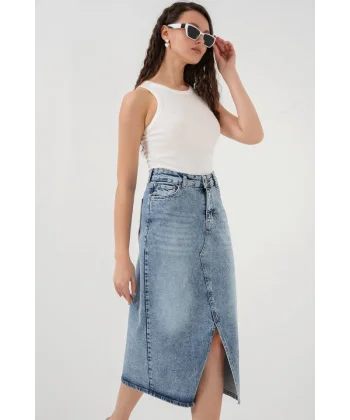 Yırtmaçlı Midi Kot Etek 80  Mavi