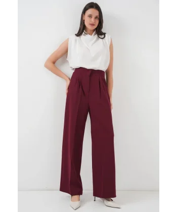 Yüksek Bel Bol Kumaş Pantolon 6697  Bordo