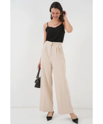 Yüksek Bel Bol Kumaş Pantolon 6697  Krem