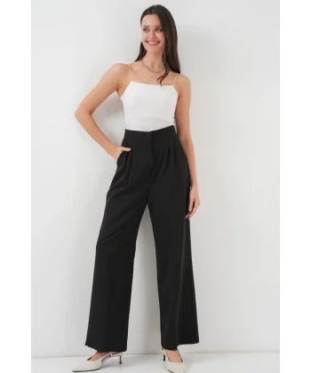 Yüksek Bel Bol Kumaş Pantolon 6697  Siyah