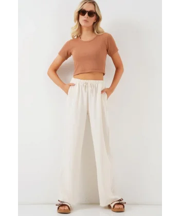 Yüksek Bel Bol Paça Pantolon - Krem