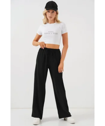 Yüksek Bel Bol Paça Pantolon - Siyah