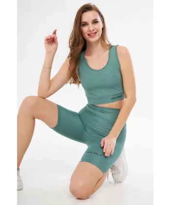 Yüksek Bel Dalgıç Croplu Biker Şortlu Takım  int Yeşili