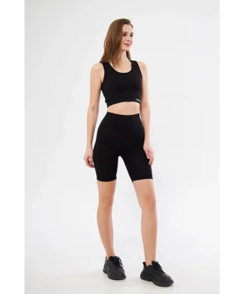 Yüksek Bel Dalgıç Croplu Biker Şortlu Takım  iyah