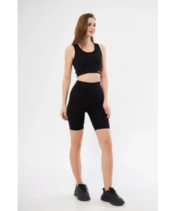 Yüksek Bel Dalgıç Croplu Biker Şortlu Takım  iyah