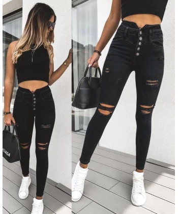 Yüksek Bel Düğme Ve Yırtık Detaylı Kot Pantolon Jean 92cm