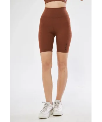 Yüksek Bel Fitilli Biker Baskılı Şort - Kahve