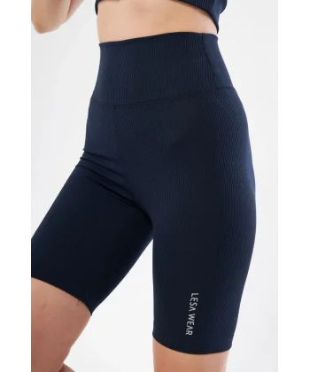 Yüksek Bel Fitilli Biker Baskılı Şort - Lacivert