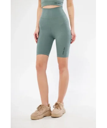 Yüksek Bel Fitilli Biker Baskılı Şort - Mint Yeşili