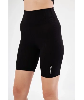 Yüksek Bel Fitilli Biker Baskılı Şort - Siyah