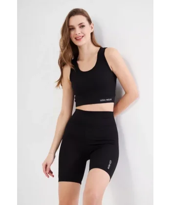 Yüksek Bel Fitilli Croplu Biker Şortlu Takım - Siyah