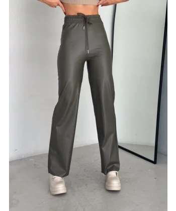 Yüksek Bel Geniş Paça Içi şardonlu Deri Pantolon.