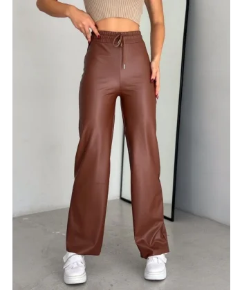 Yüksek Bel Geniş Paça Içi şardonlu Deri Pantolon.