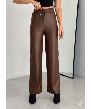 Yüksek Bel Geniş Paça Içi şardonlu Deri Pantolon.