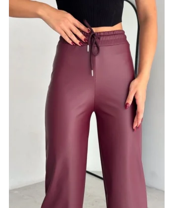 Yüksek Bel Geniş Paça Içi şardonlu Deri Pantolon.