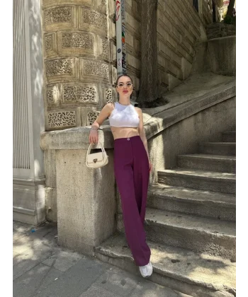 Yüksek Bel Palazzo Metal Düğme  Pantolon