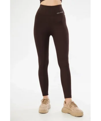 Yüksek Bel Toparlayıcı Likralı Dalgıç Spor Tayt Esnek Rahat Kalıp - Kahve