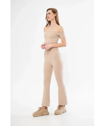 Yüksel Bel Fitilli İspanyol Paça Tayt - Bordo