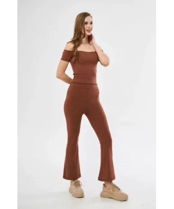 Yüksel Bel Fitilli İspanyol Paça Tayt  Kahve