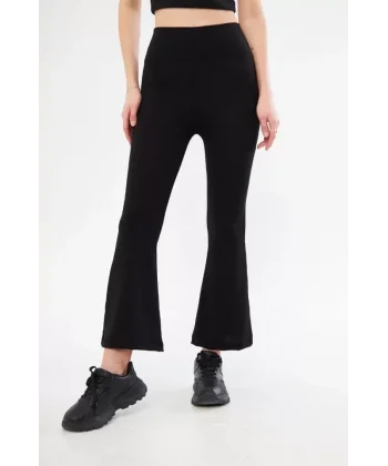 Yüksel Bel Fitilli İspanyol Paça Tayt - Siyah