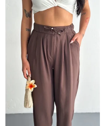 Yüksel Bel Rahat Paça Pantalon - Kahverengi