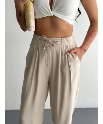 Yüksel Bel Rahat Paça Pantalon - Kırık Beyaz