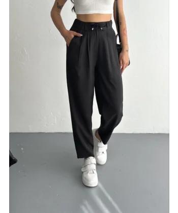 Yüksel Bel Rahat Paça Pantalon - Siyah