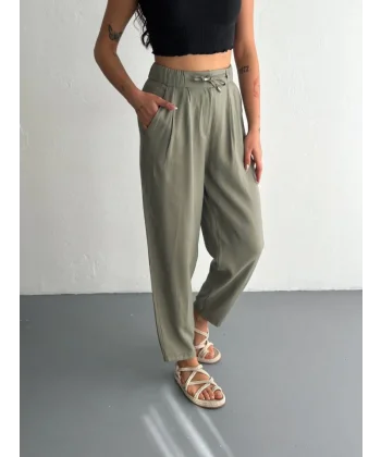 Yüksel Bel Rahat Paça Pantalon - Su Yeşili