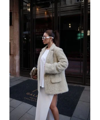 Yün Keçe Görünümlü Blazer Ceket Kaban Çimen Yeşili