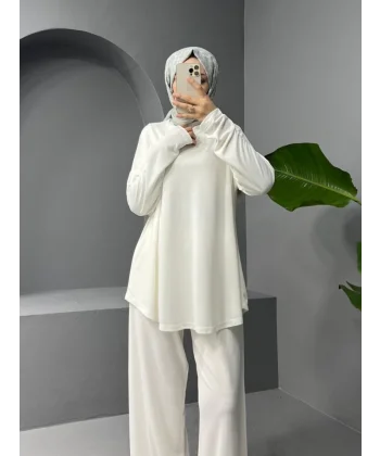 Yuvarlak Yaka Oval Kesim Cepli Pantolonlu Osyho Takım -Beyaz