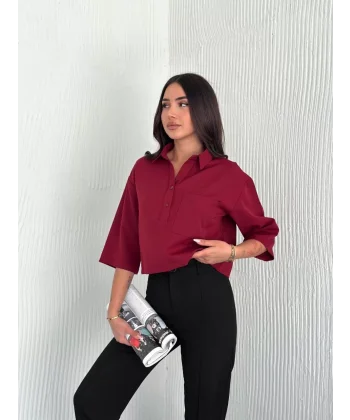 Z Krep Kadın Crop Yakalı Gömlek İlik Düğmeli Üç Çeyrek Sleeve Kol - Bordo