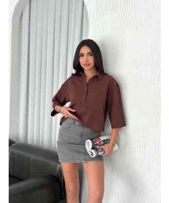 Z Krep Kadın Crop Yakalı Gömlek İlik Düğmeli Üç Çeyrek Sleeve Kol - Kahverengi