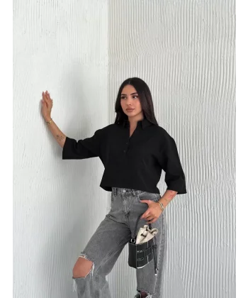 Z Krep Kadın Crop Yakalı Gömlek İlik Düğmeli Üç Çeyrek Sleeve Kol - Siyah