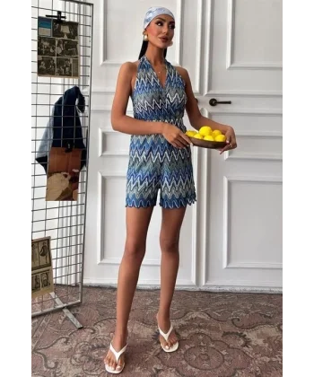 Zikzak Desenli Multi Renk Geçişli Mini Tulum 1365