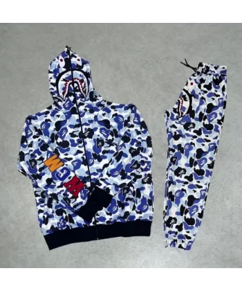 Zıp Fermuarlı Nakışlı Kapşonlu Takım  Gri