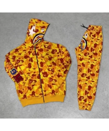 Zıp Fermuarlı Nakışlı Kapşonlu Takım - Sarı