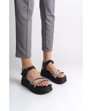 ZLOHE Kalın Tokalı Taşlı Şeritli Ortopedik Taban Kadın Sandalet  CST - Siyah