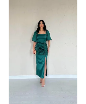 Zümrüt Büzgülü Saten Elbise